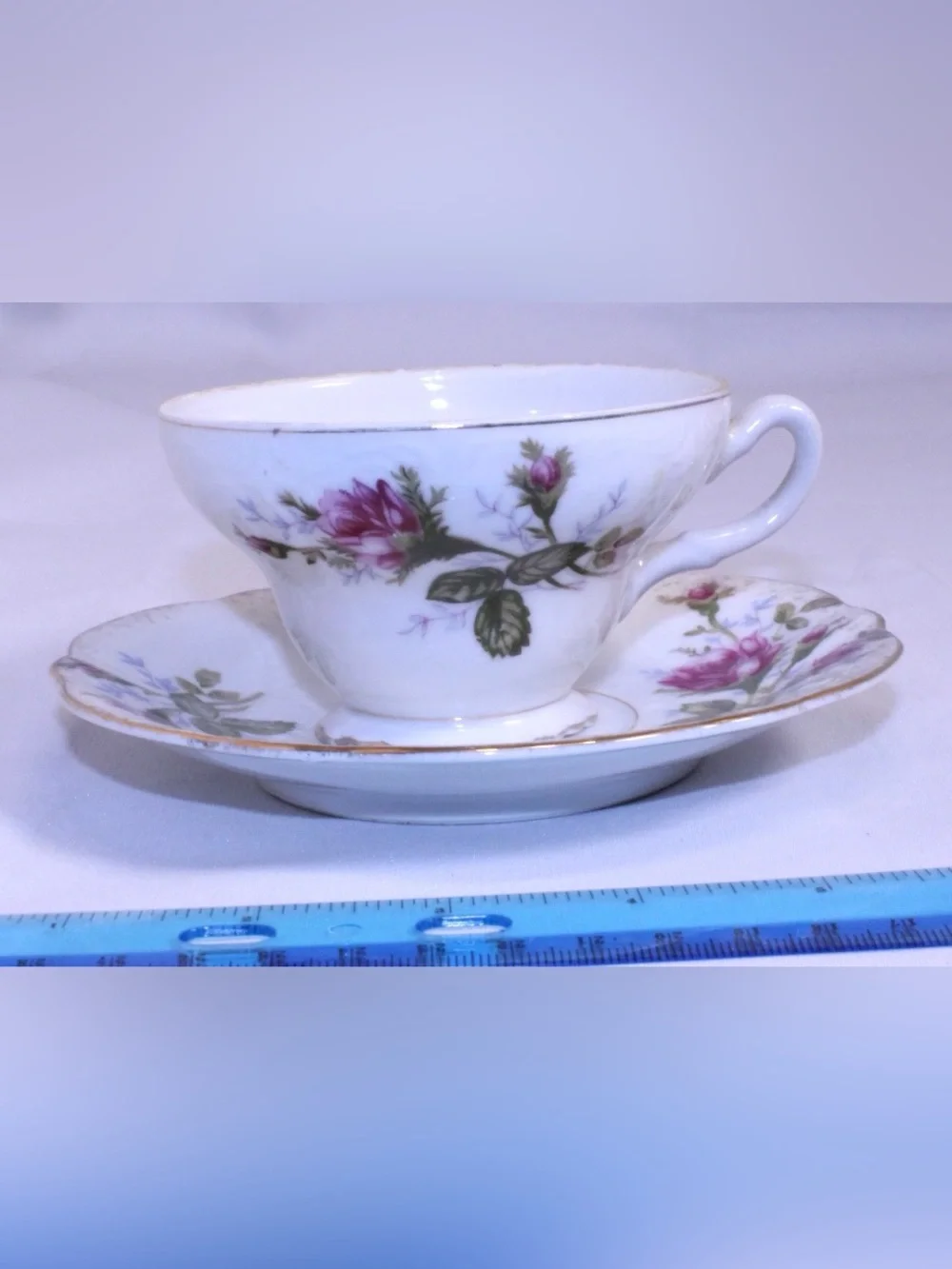 Vintage Royal Sealy China Moss Rose Teacup and Saucer Set